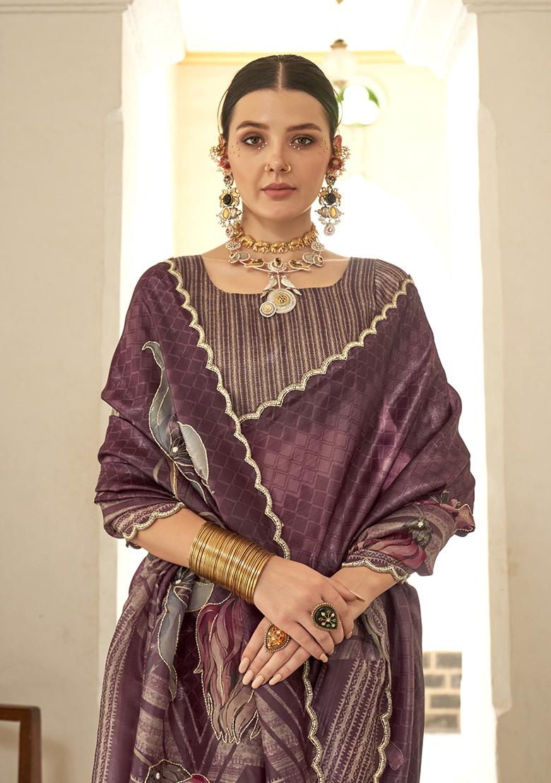 Wine Printed Silk Blend Saree Set - Indya