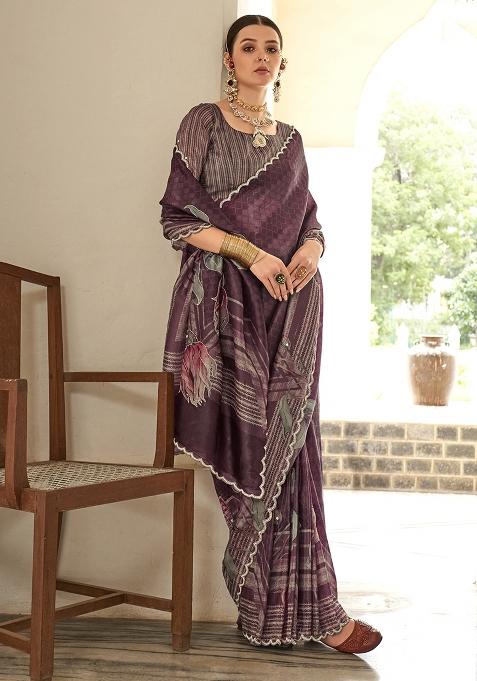 Wine Printed Silk Blend Saree Set