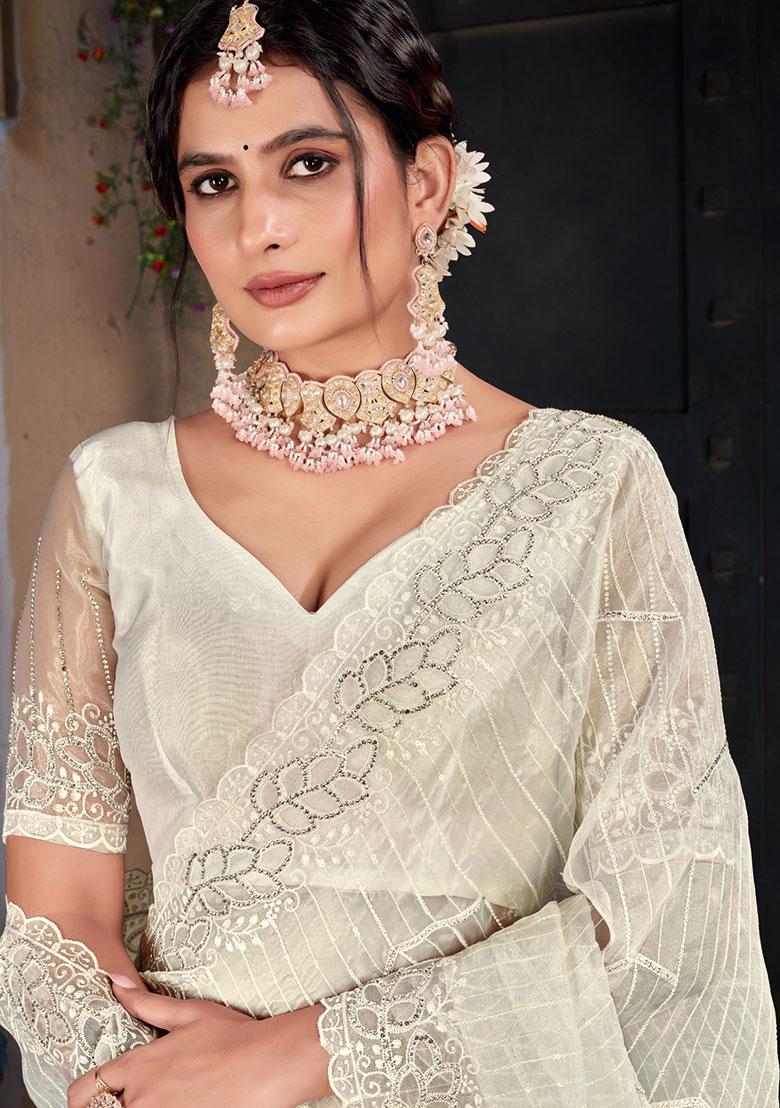 Off White Embroidered Organza Saree Set - Indya
