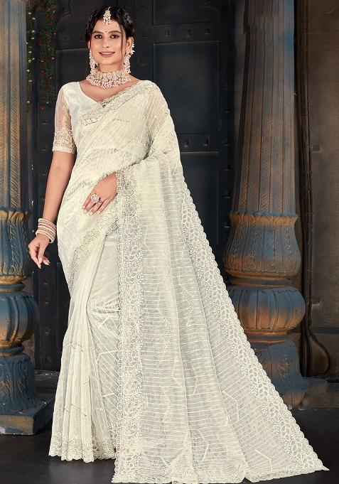 Off White Embroidered Organza Saree Set