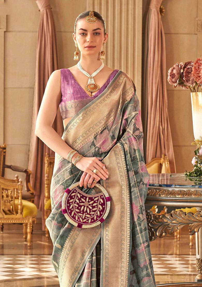 Dusty Rama Printed Silk Blend Saree Set - Indya