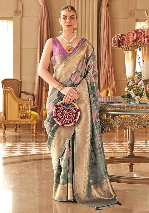 Dusty Rama Printed Silk Blend Saree Set