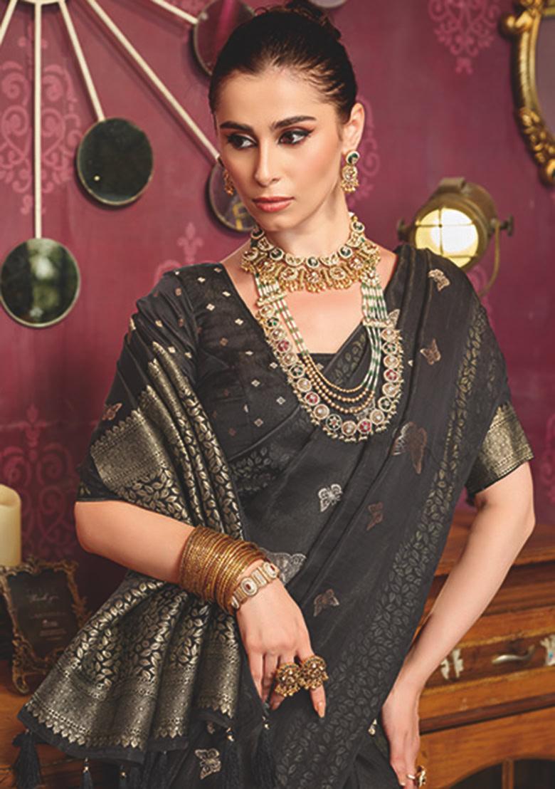 Black Weaving Silk Blend Saree Set - Indya
