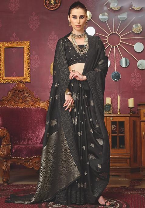 Black Weaving Silk Blend Saree Set
