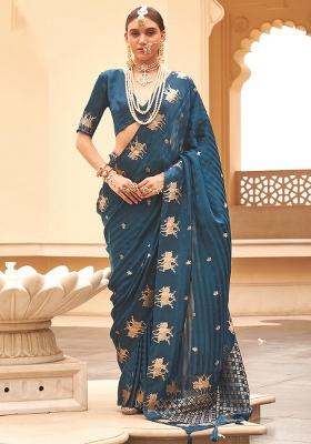 Blue Weaving Silk Blend Saree Set