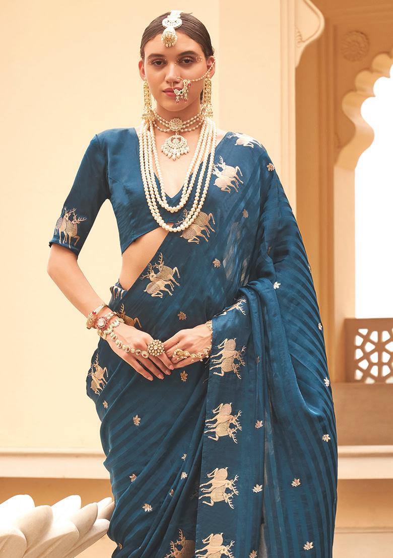 Blue Weaving Silk Blend Saree Set - Indya
