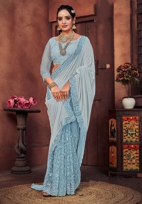 Sky Blue Embroidered Net Saree Set
