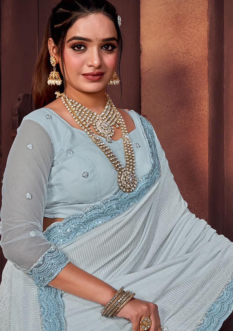 Sky Blue Embroidered Net Saree Set - Indya