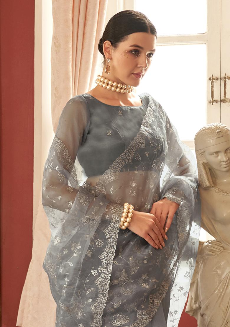 Grey Embroidered Organza Saree Set - Indya