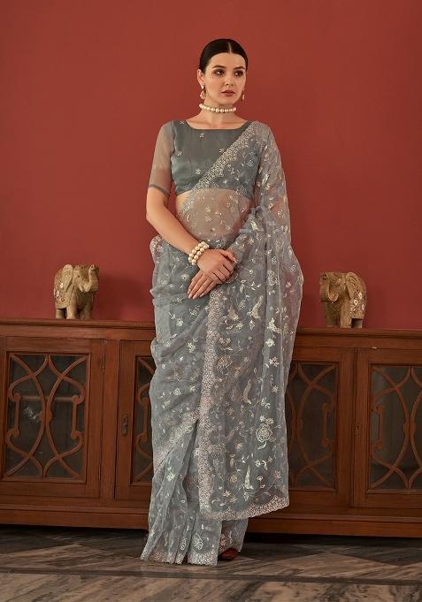 Grey Embroidered Organza Saree Set