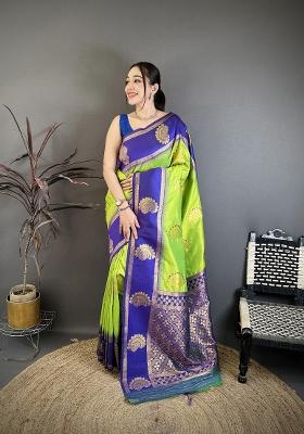 Parrot Green Zari Work Silk Blend Saree Set
