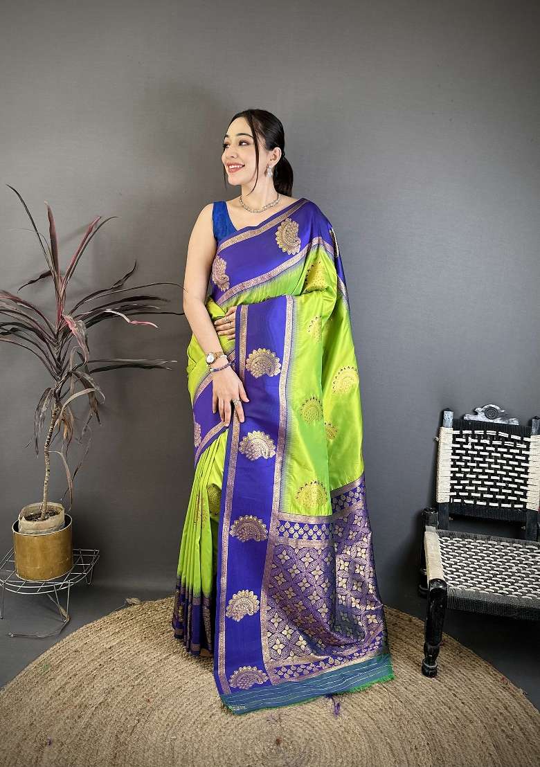 Parrot Green Silk Blend Saree Set with Zari Work for Diwali | Wedding & Festive Wear - Indya