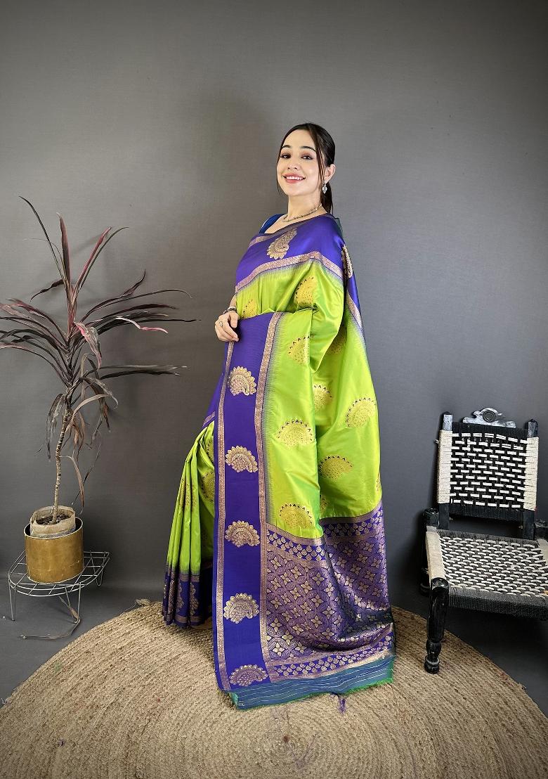 Parrot Green Zari Work Silk Blend Saree Set - Indya
