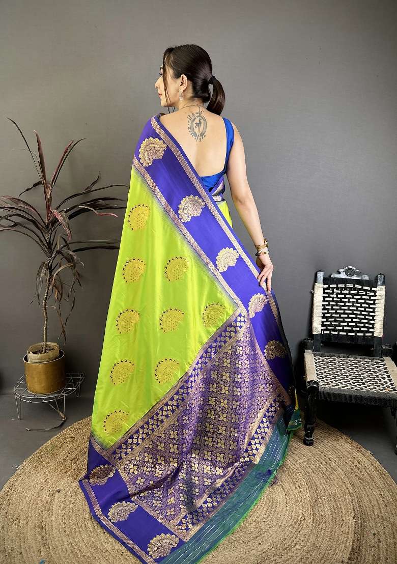 Parrot Green Silk Blend Saree Set with Zari Work for Diwali | Wedding & Festive Wear - Indya