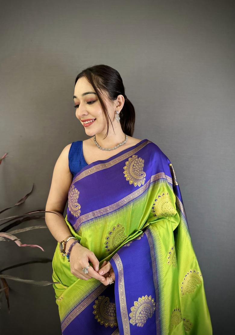 Parrot Green Zari Work Silk Blend Saree Set - Indya