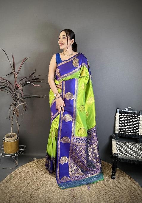 Parrot Green Zari Work Silk Blend Saree Set