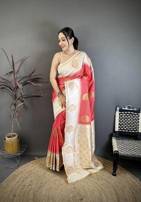 Coral Zari Work Silk Blend Saree Set