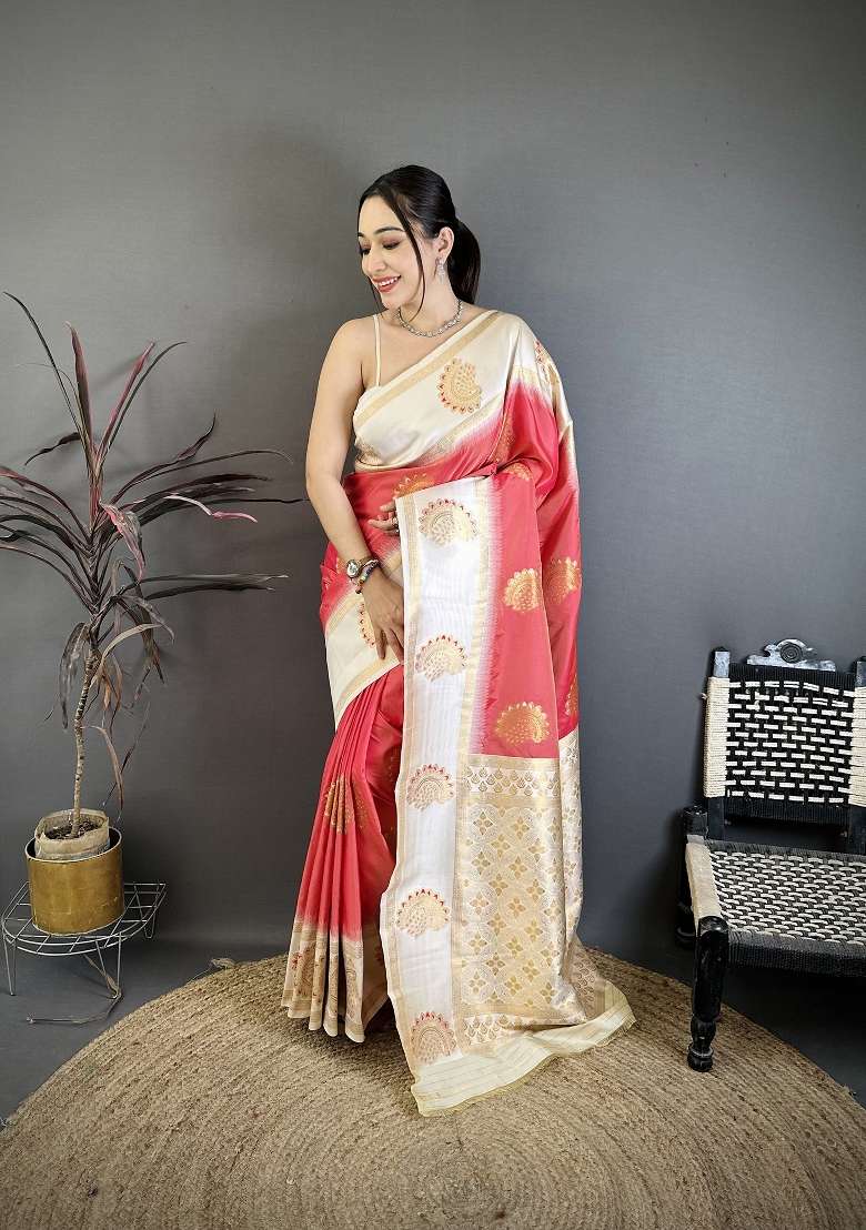 Coral Silk Blend Saree Set with Zari Work for Diwali | Wedding & Festive Wear - Indya