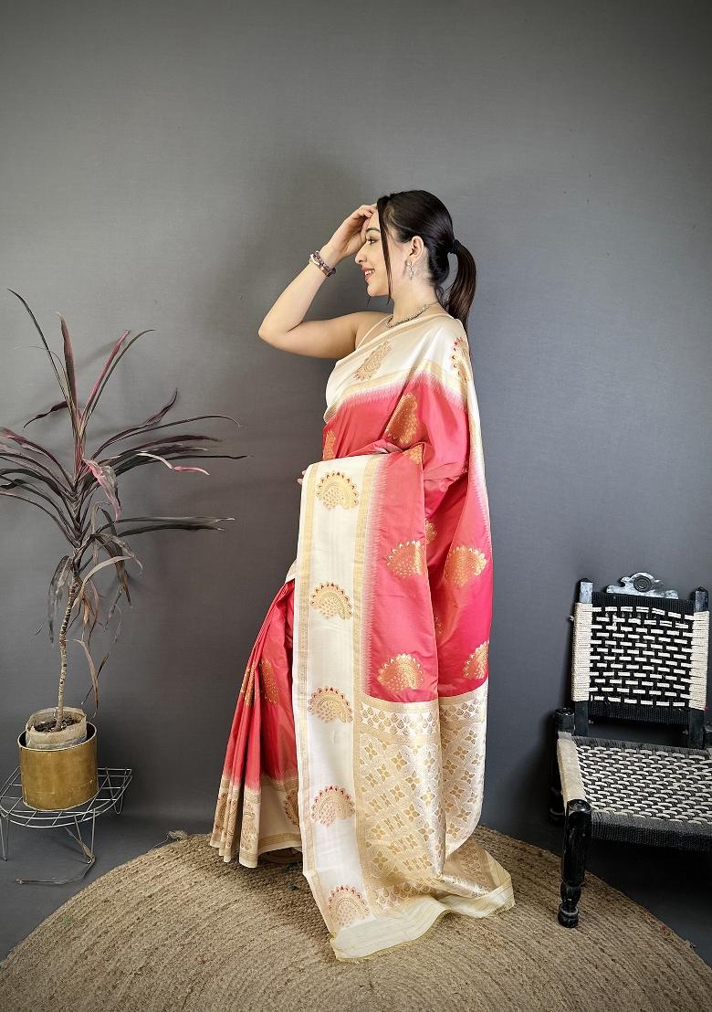 Coral Zari Work Silk Blend Saree Set - Indya