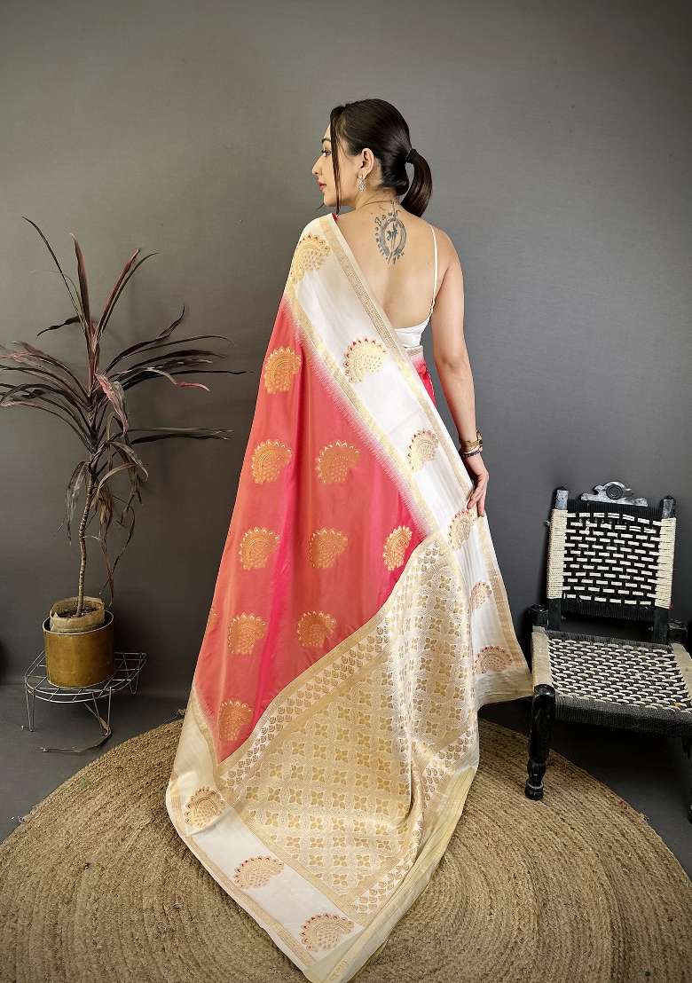 Coral Silk Blend Saree Set with Zari Work for Diwali | Wedding & Festive Wear - Indya