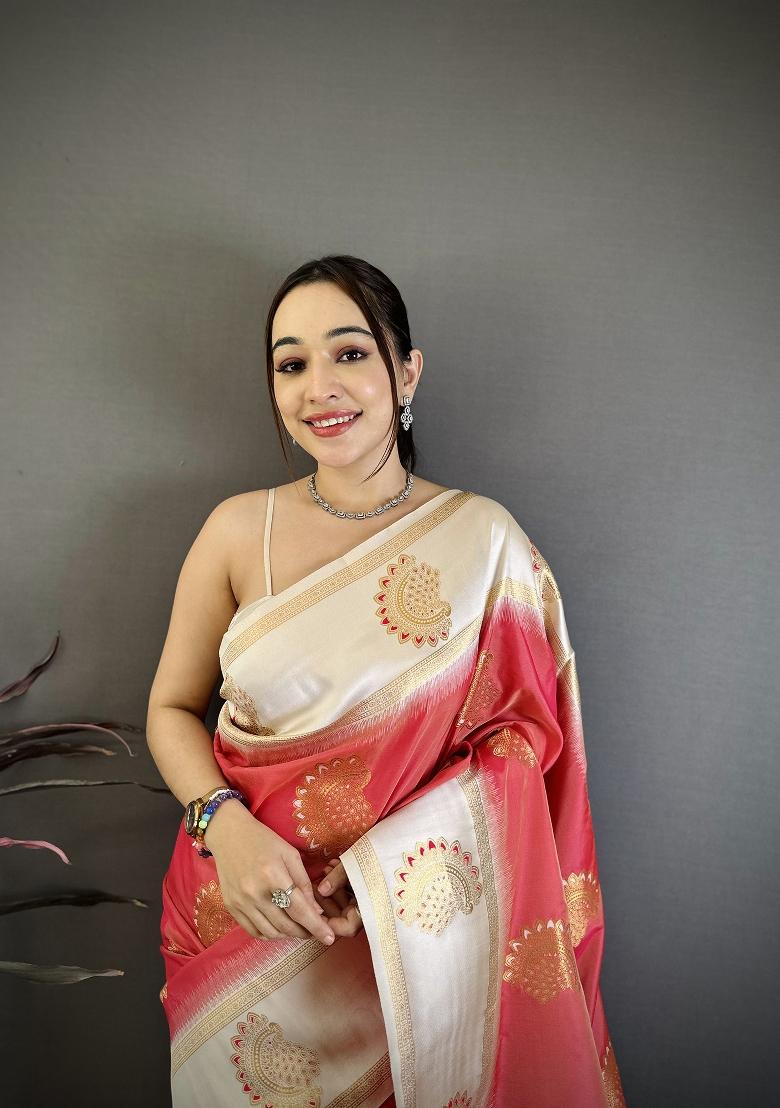 Coral Zari Work Silk Blend Saree Set - Indya