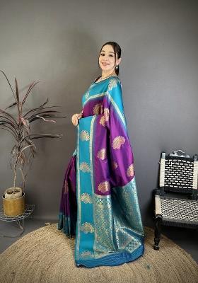 Violet Zari Work Silk Blend Saree Set