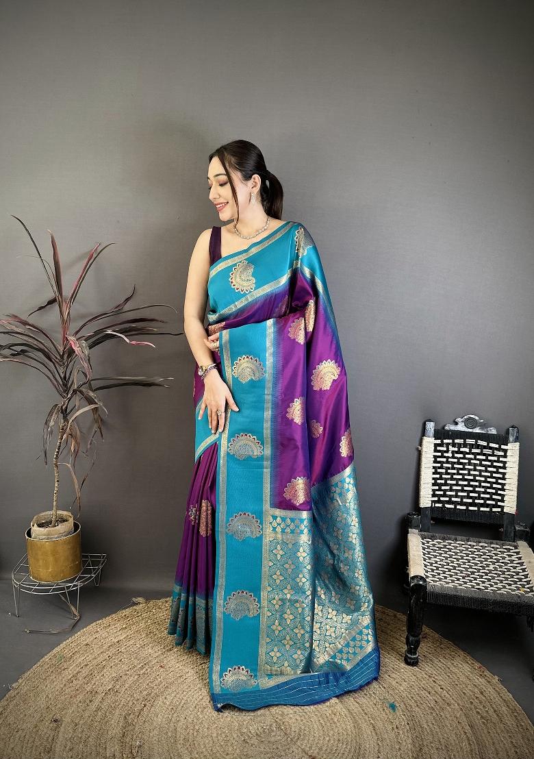Violet Zari Work Silk Blend Saree Set - Indya