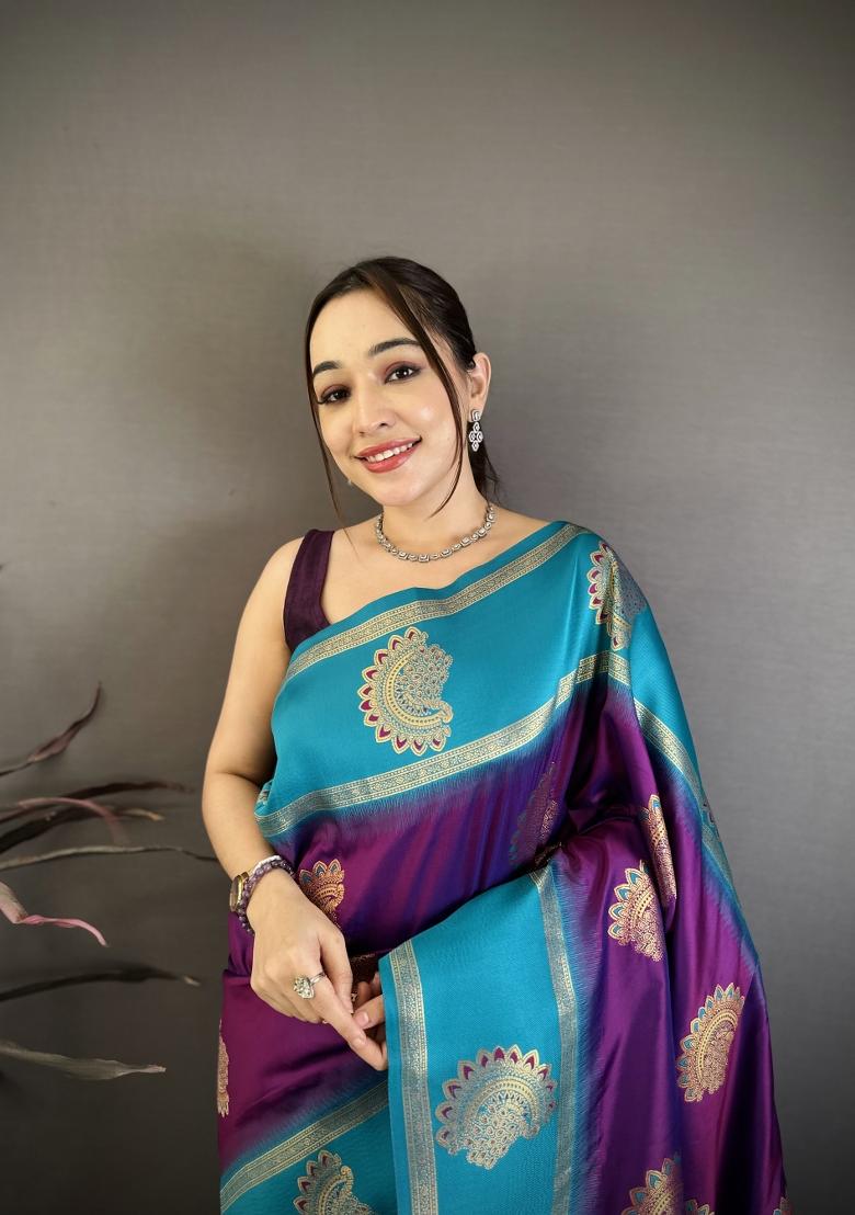 Violet Zari Work Silk Blend Saree Set - Indya