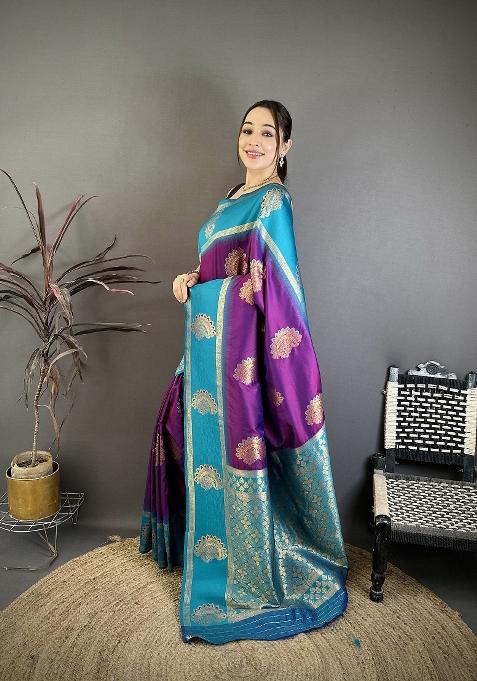 Violet Zari Work Silk Blend Saree Set