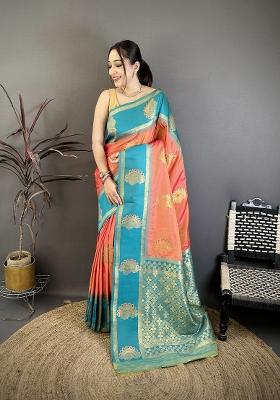 Peach Zari Work Silk Blend Saree Set
