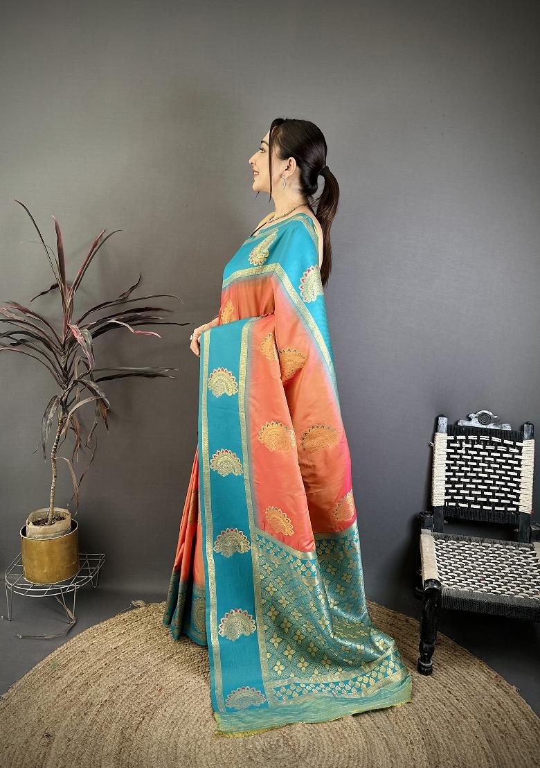Peach Zari Work Silk Blend Saree Set - Indya