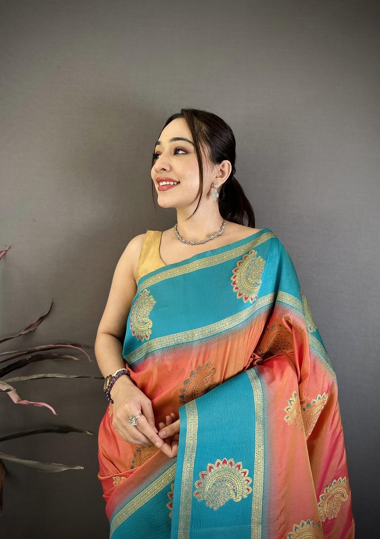 Peach Zari Work Silk Blend Saree Set - Indya