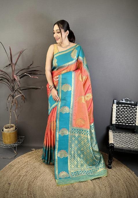 Peach Zari Work Silk Saree Set