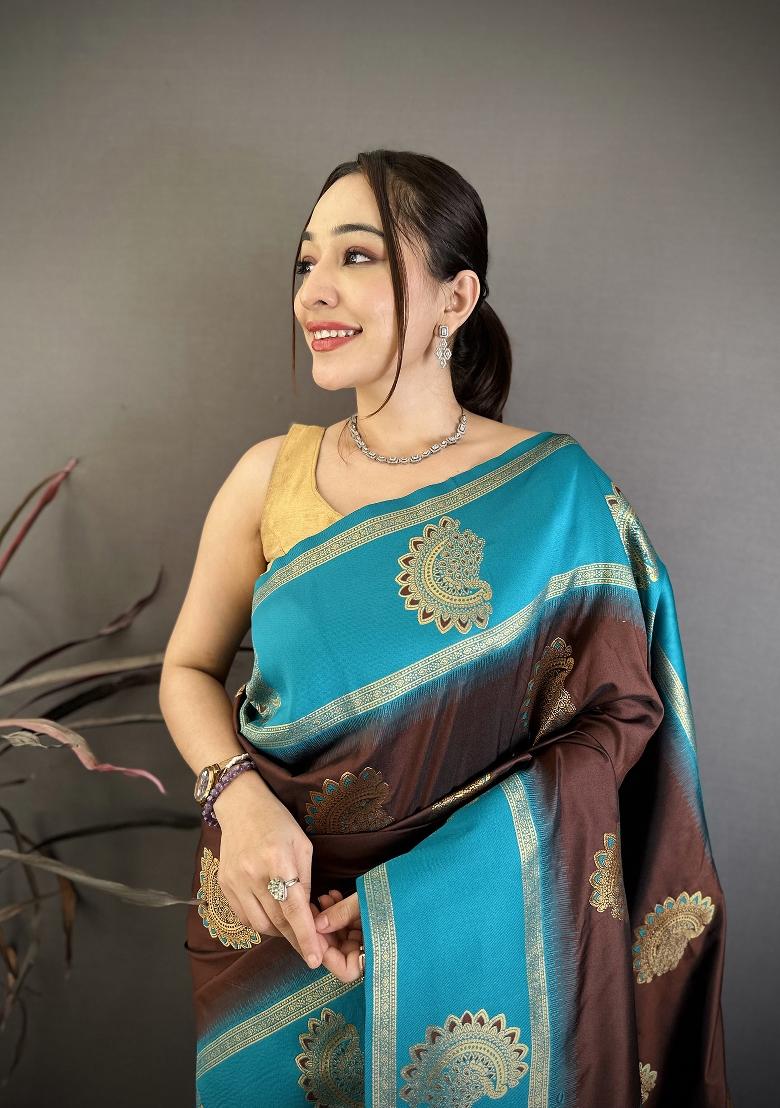 Brown Zari Work Silk Blend Saree Set - Indya