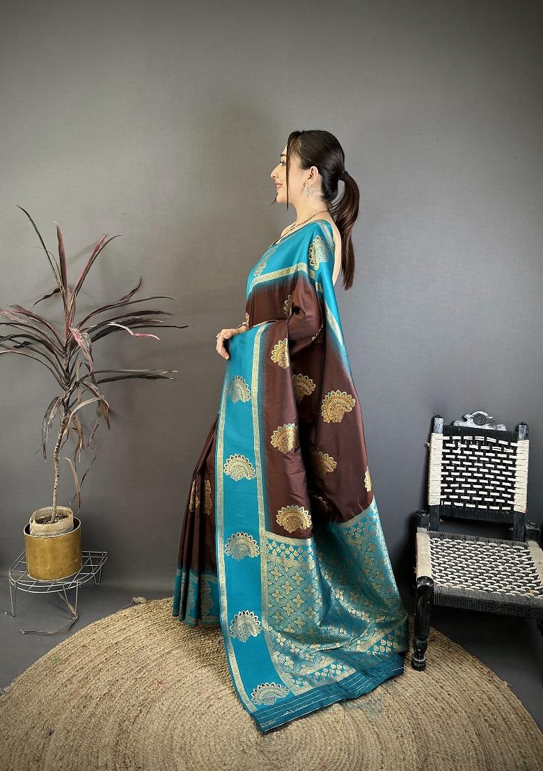 Brown Zari Work Silk Blend Saree Set - Indya