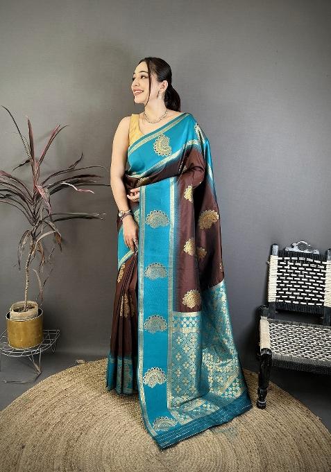 Brown Zari Work Silk Blend Saree Set