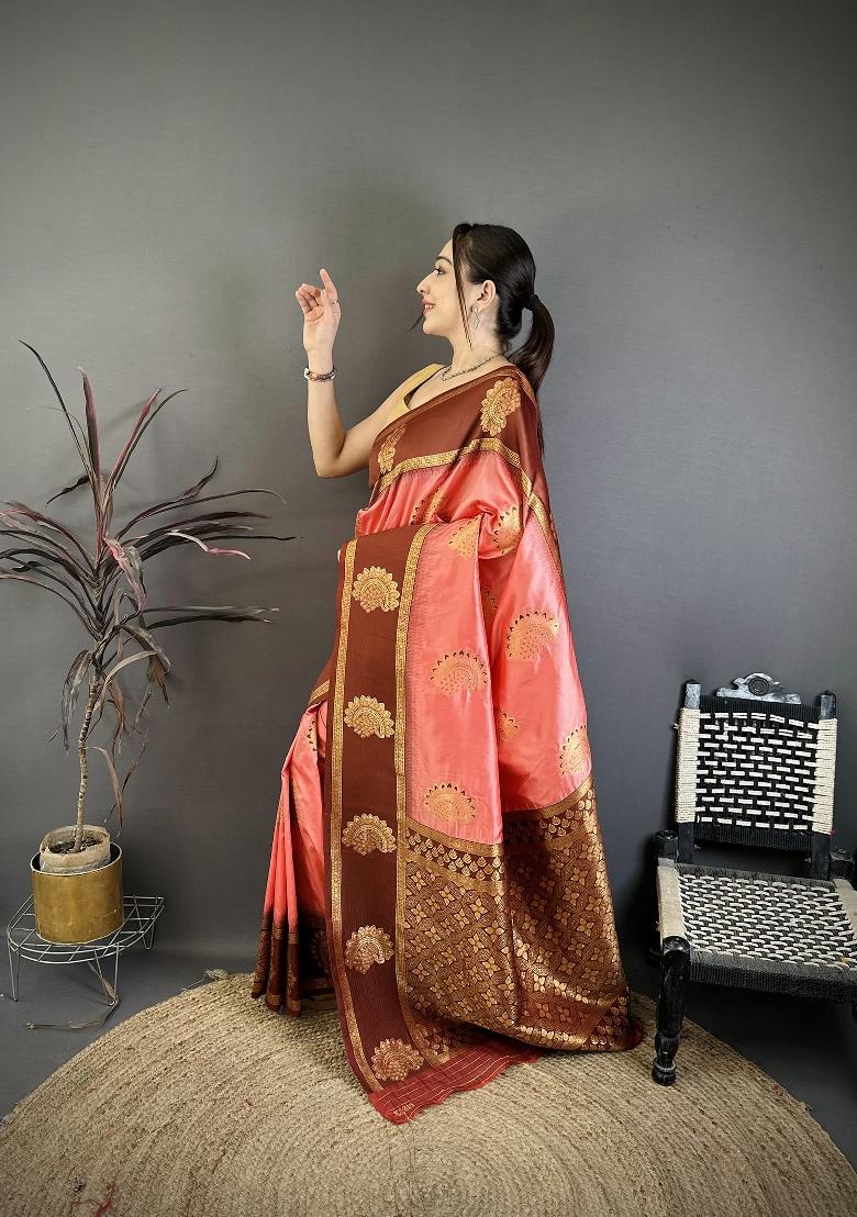 Peach&nbsp; Zari Work Silk Blend Saree Set - Indya