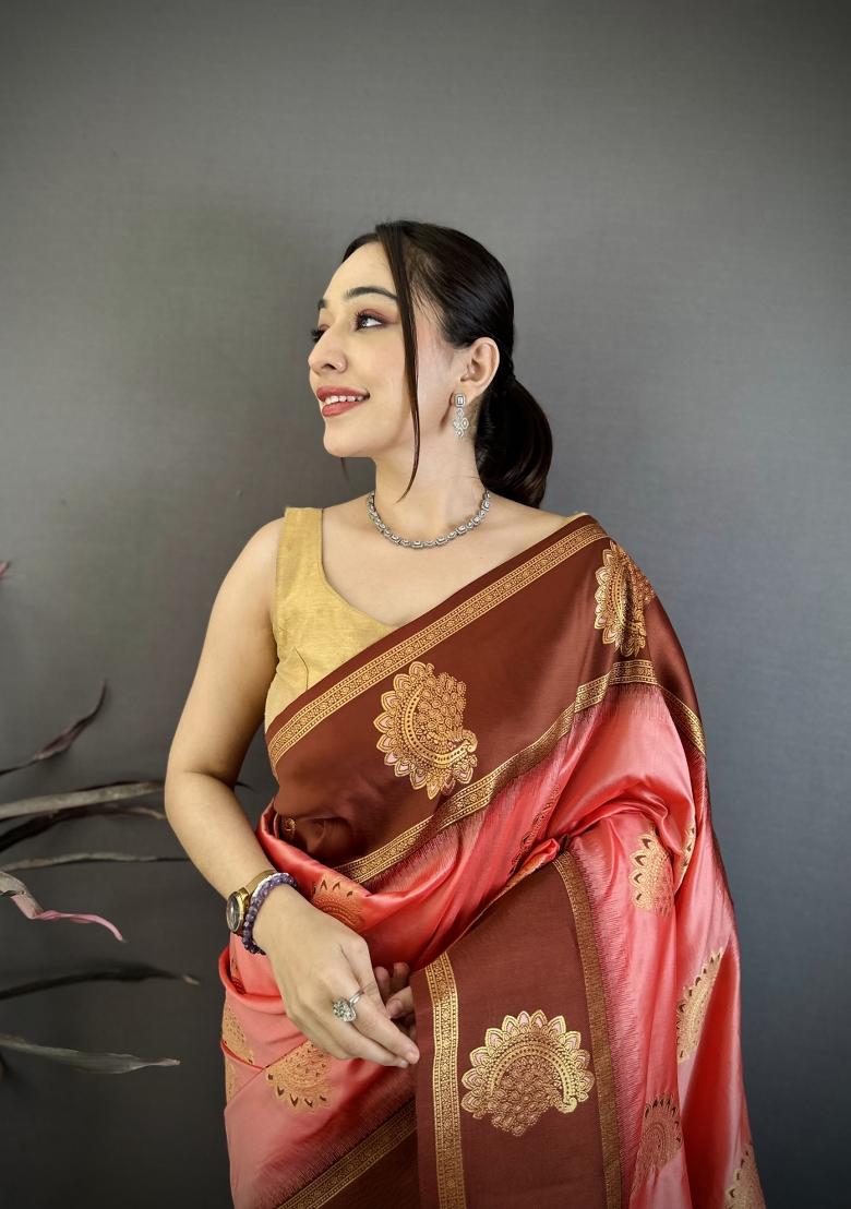 Peach&nbsp; Zari Work Silk Blend Saree Set - Indya