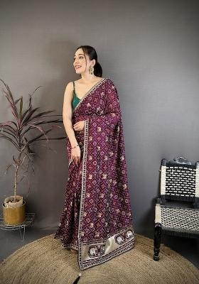 Wine&nbsp; Bandhani Silk Blend Saree Set