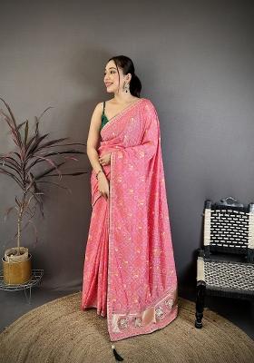 Baby Pink Bandhani Silk Blend Saree Set