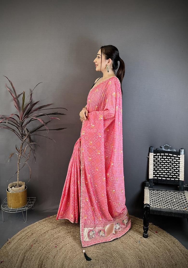 Baby Pink Bandhani Silk Blend Saree Set - Indya