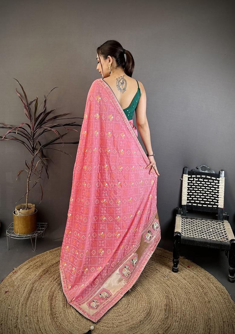 Baby Pink Bandhani Silk Blend Saree Set - Indya