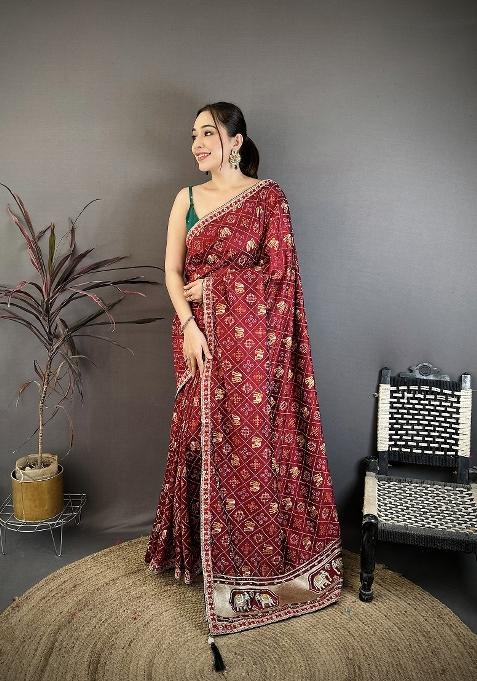 Maroon Bandhani Silk Blend Saree Set