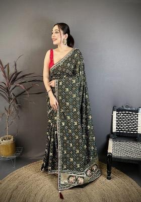 Dark Green Bandhani Silk Blend Saree Set