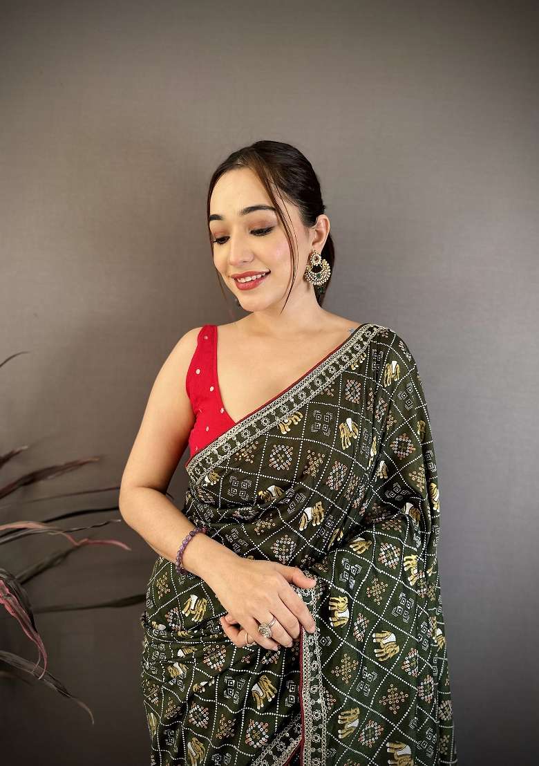 Dark Green Bandhani Silk Blend Saree Set for Diwali and Festive Wear - Indya