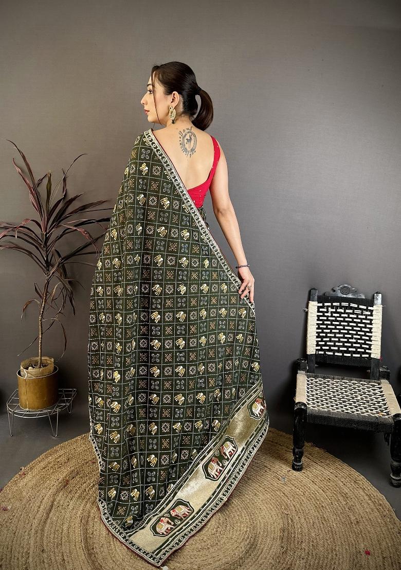 Dark Green Bandhani Silk Blend Saree Set - Indya