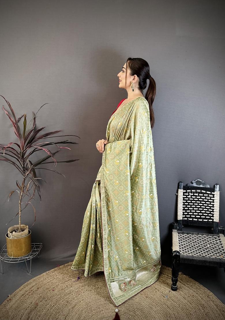 Sage Green Bandhani Silk Blend Saree Set - Indya