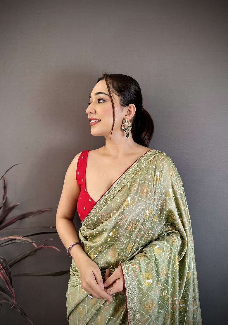 Sage Green Bandhani Silk Blend Saree Set for Diwali | Wedding & Festive Wear - Indya