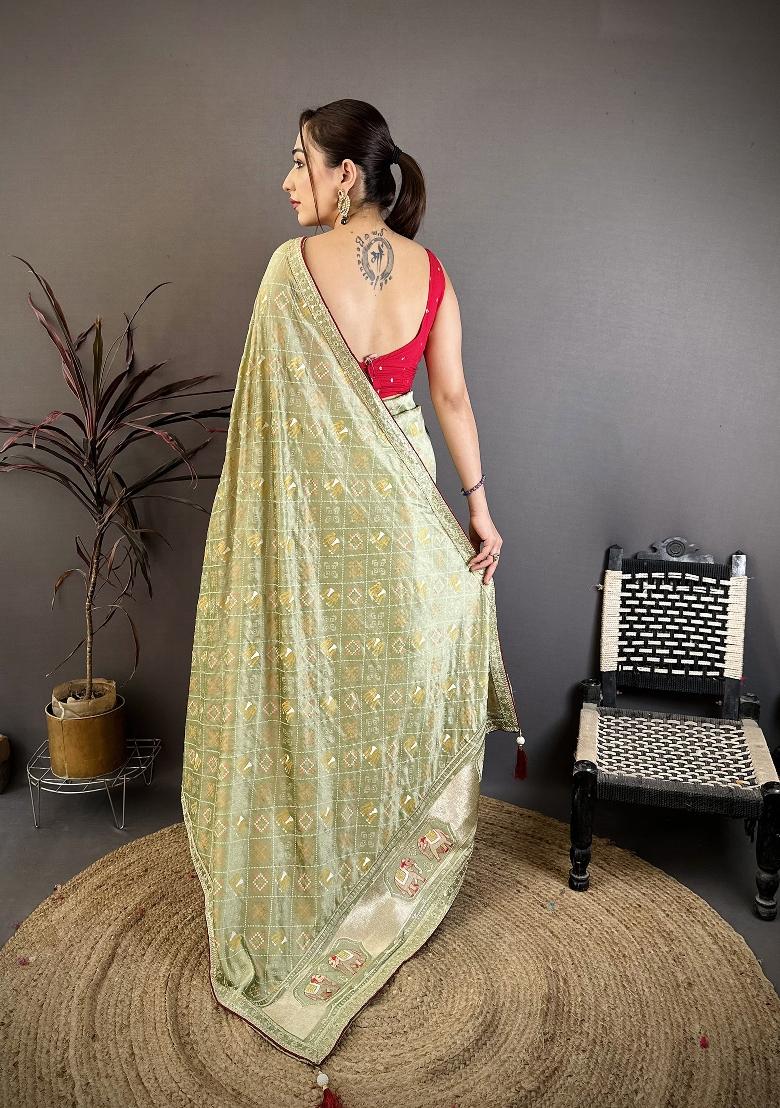 Sage Green Bandhani Silk Blend Saree Set - Indya