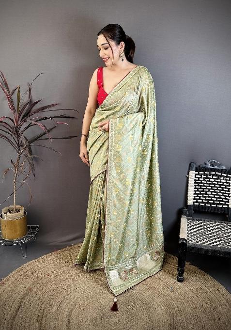 Sage Green Bandhani Silk Blend Saree Set